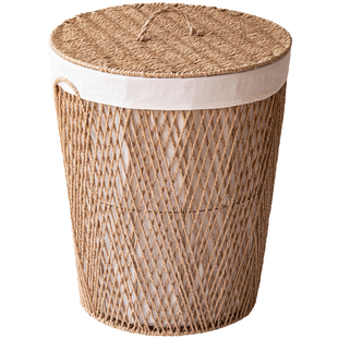 日式脏衣篓纸编藤编带盖脏衣服收纳筐脏衣篮卧室脏衣筐洗衣储物筐