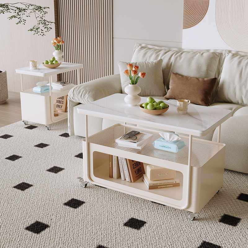 奶油风意式北欧边几 岩板面铁艺侧边柜 可移动床头小推车