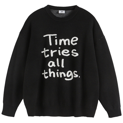 NARTALIY美式复古秋冬字母毛衣男女潮牌圆领套头宽松慵懒情侣外套