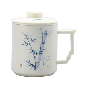 羊脂玉陶瓷茶水分离泡茶杯手绘白瓷办公室带盖过滤茶杯男女士专用