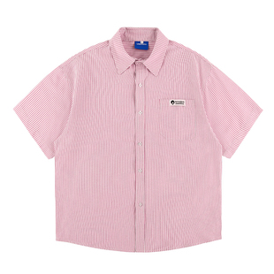 lemanism日系防晒竖条纹短袖衬衫男夏季宽松寸衣潮牌情侣款衬衣女