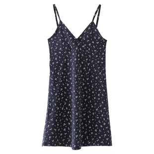 美式藏青色吊带碎花连衣裙时尚V领裙子A字裙子bm风吊带连衣裙