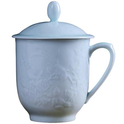 影青雕刻陶瓷茶杯带盖办公杯