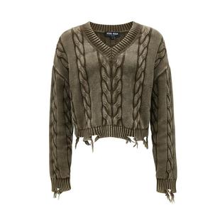 t区绫致VeroModa针织衫女24冬v领毛边纽花短款做旧针织衫