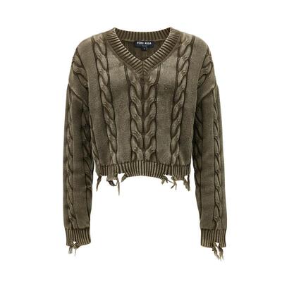 tq区绫致VeroModa针织衫女冬v领毛边纽花短款做旧针织衫