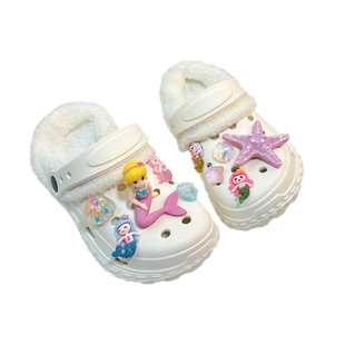 女童宝宝加绒拖鞋可外穿软底加厚保暖冬天可爱洞洞鞋户外防滑鞋子