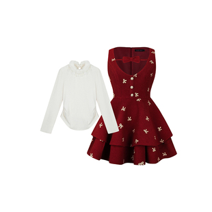 安妮不火甜美系蝴蝶结绣花呢料背心连衣裙女微胖大码圣诞两件套装