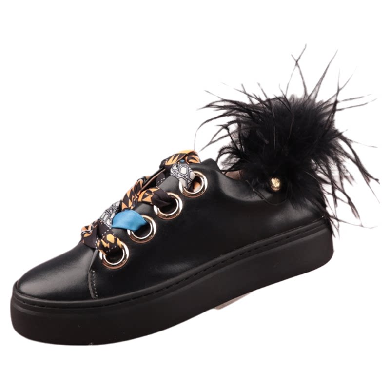 牛皮羽毛丝巾圆头厚底休闲板鞋