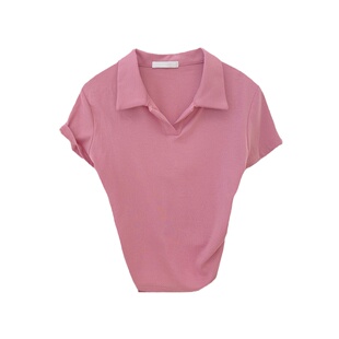 【特价】t恤女polo领修身短款小版型短袖收腰辣妹tee粉色上衣夏潮