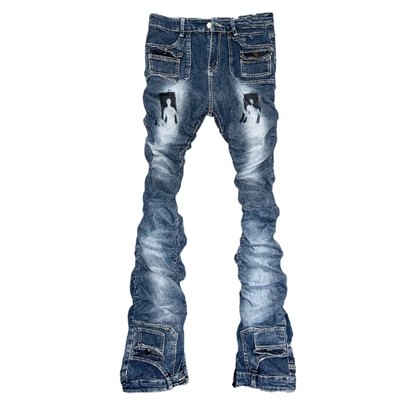 喷白口袋褶皱人像印花休闲长裤