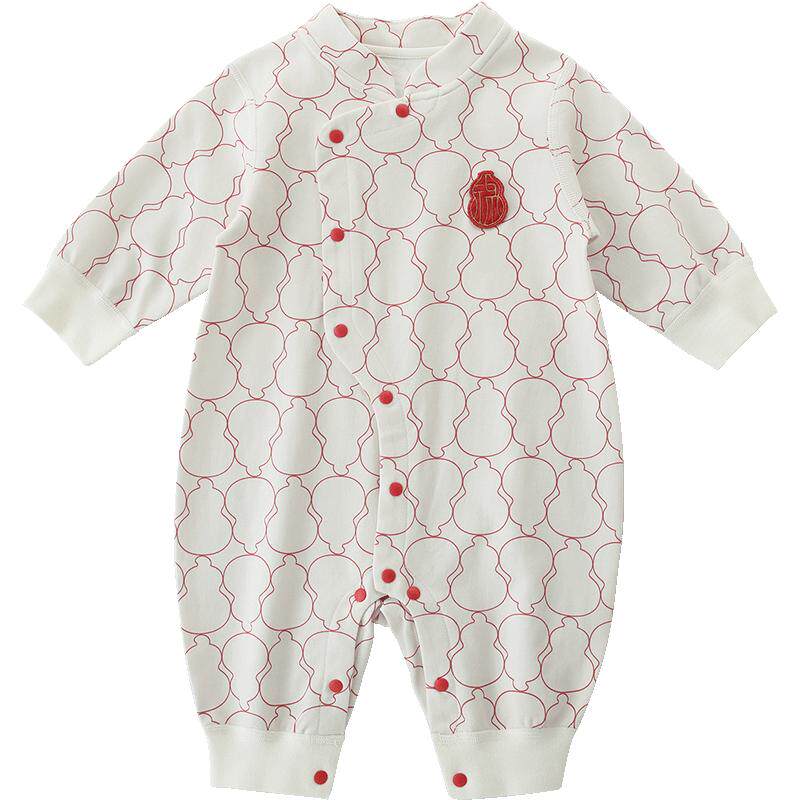 新生儿婴儿连体衣春季纯棉哈衣初生儿国风新年服宝宝满月百天衣服