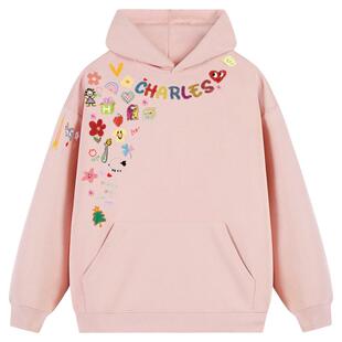 查尔斯桃心连帽卫衣男情侣款美式潮牌涂鸦项链印花空气层套头长袖