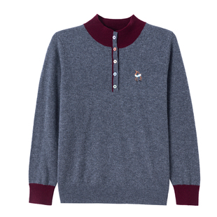 恒源祥新款高端红色纯羊毛衫女秋冬半高领毛衣显瘦拼色打底衫上衣