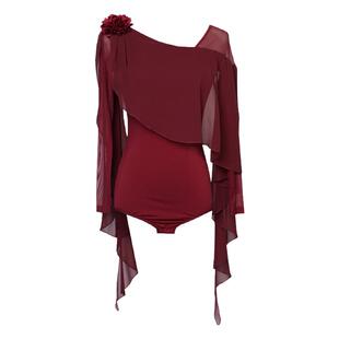 扉姿摩登舞服女新款专业国标练功服秋季长袖飘逸跳舞连体上衣1334