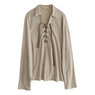 系带翻领~亚麻棉工匠感无性别宽松T恤早秋设计感长袖上衣 InchLim