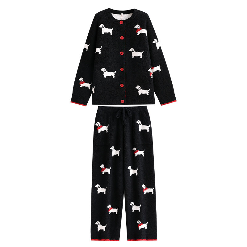 悦内半边绒睡衣女款冬季冬天珊瑚绒加厚保暖家居服大码小狗印套装