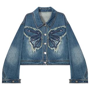 KEIKO经典复古丹宁牛仔外套春季日系蝴蝶贴布夹克+牛仔裤半裙套装