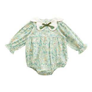 YOUGE幼歌 女童清新甜美爬服连体衣宝宝撞色优雅花瓣领森系连衣裙