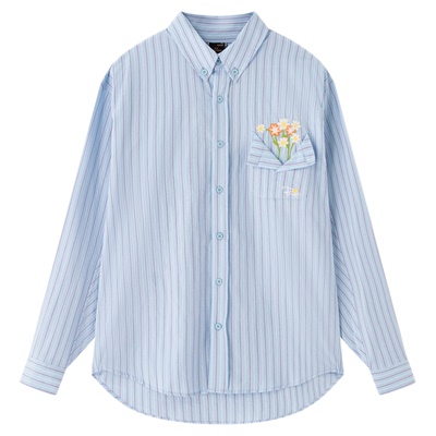RIC口袋花瓶刺绣长袖条纹衬衫男