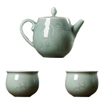 唐宫青瓷浙江省工艺美术大师周光武手作纯手工鹿鸣茶具一壶二杯