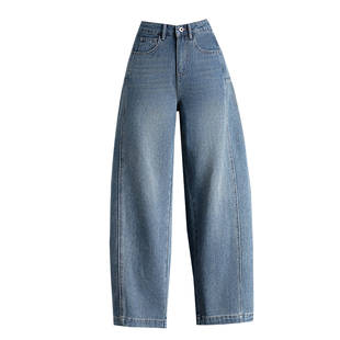 复古蓝美式弯刀加绒牛仔裤女2026新款春秋宽松阔腿裤小个子镰刀裤