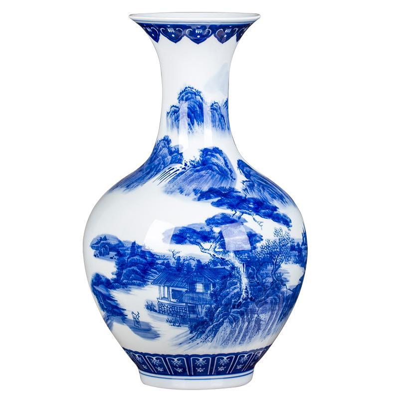 景德镇瓷器陶瓷山水花瓶摆件客厅大号插花大花瓶新中式收藏青花瓷