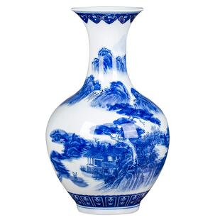 景德镇瓷器陶瓷青花瓶手绘山水花瓶摆件客厅大号仿古插花大花瓶
