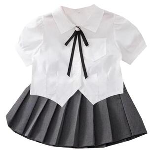 女童纯棉娃娃领学院衬衫儿童短袖半身裙衬衣宝宝演出服短裙两件套