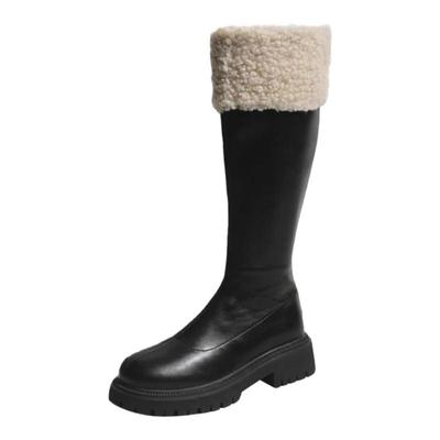 2024冬季新款韩版真皮长筒骑士靴加绒加厚毛毛靴厚底高筒靴女保暖