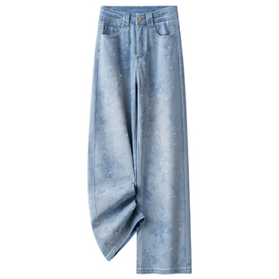 轻奢高级感烫钻牛仔裤女2026年新款春秋阔腿裤宽松时尚印染直筒裤