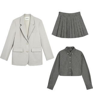 pusumede 韩系长袖格子衬衫女宽松休闲短款上衣a字百褶裙短裙套装