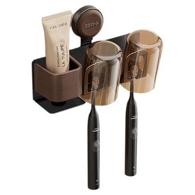 原木风免打孔吸盘牙刷牙杯置物架卫生间漱口杯牙膏壁挂式置物架