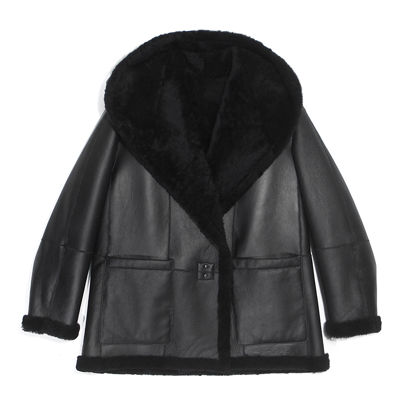 绵羊短毛美利奴微卷轻柔大连帽挂扣廓形显瘦纯色过冬保暖皮毛一体