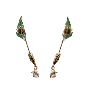 MASW麻秀原创设计高级感创意绿色孔雀羽毛耳钉金属时尚虎眼石耳环