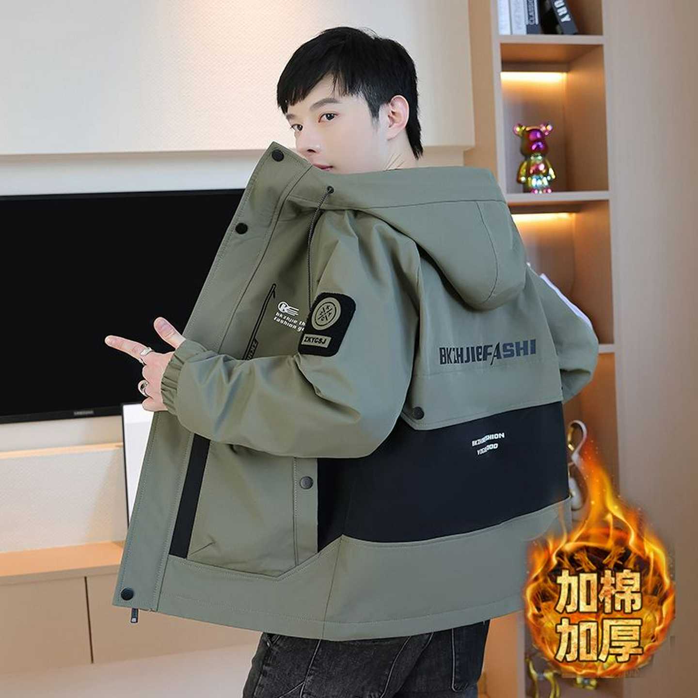 外套男秋冬季加棉加厚工装连帽夹克青少年休闲运动保暖冬装上衣服