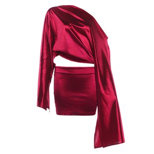 WEIRD PUSS 美式辣妹酒红缎面斜肩飘带上衣女 修身半身裙气质套装