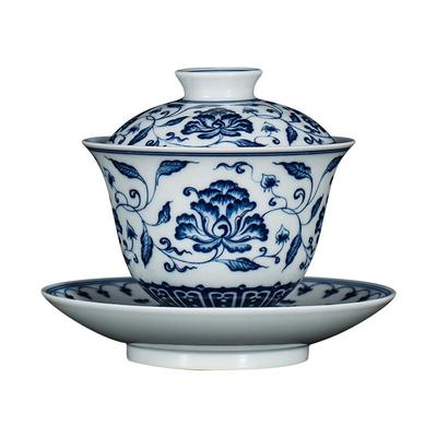 钟家窑盖碗柴窑青花全手工手绘