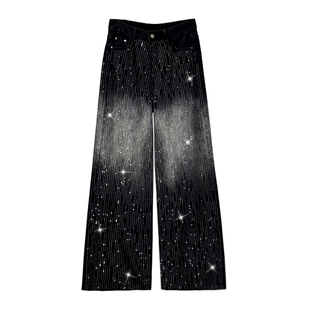 渐变拼色闪亮烫钻设计牛仔裤女秋新款高腰宽松显瘦百搭直筒阔腿裤