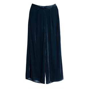 YuanYin秋复古chic宽松休闲懒人裤长裤真丝雾霾蓝丝绒裤阔腿裤女