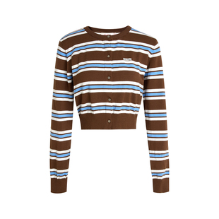 陈妍希梁田同款Liilou 撞色条纹 软糯触感圆领长袖短款针织开衫