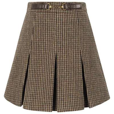 KBNE咖色千鸟格半身裙女短裙新款气质秋冬装百褶裙A字裙包臀裙