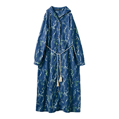 蓝色植物印花两穿连衣裙长裙