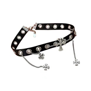 黑色皮质镶钻十字架流苏吊坠PU甜酷风暗黑小众脖圈颈圈颈链choker