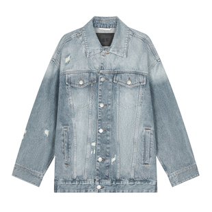 速写男装春秋新款宽松破洞牛仔夹克美式复古潮流设计图案刺绣外套