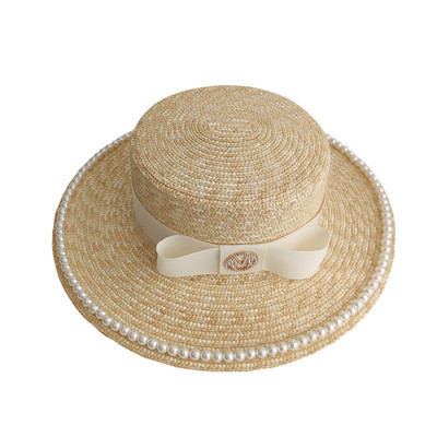 珍珠平顶麦秆草帽海边法式赫本风
