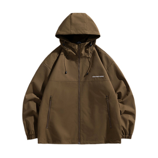 外套男春秋季户外宽松防水薄款连帽防风工装夹克潮流刺绣冬季棉衣