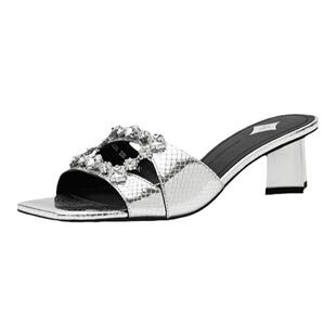 思加图新款方糖鞋一字拖凉拖粗跟外穿拖鞋女凉鞋EBI36BT4