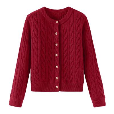 班尼路S&K系列红色小香风针织开衫外套女2025秋新款加厚保暖毛衫N