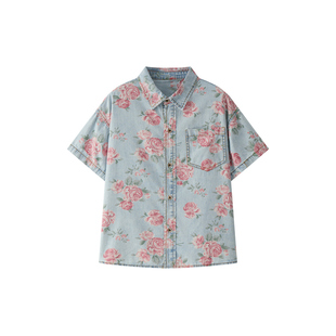 虾酱麻麻男童短袖花衬衫套装夏装2026新款男孩牛仔上衣儿童装短裤