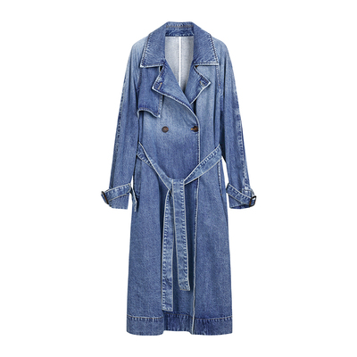 美式复古水洗雪花廓形牛仔长风衣